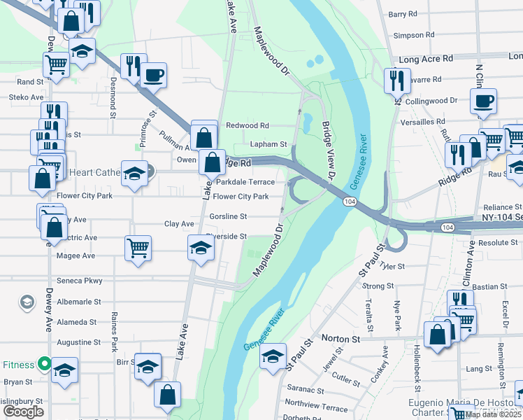 map of restaurants, bars, coffee shops, grocery stores, and more near 73 Flower City Park in Rochester