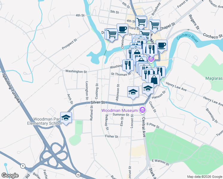map of restaurants, bars, coffee shops, grocery stores, and more near 43 Atkinson Street in Dover