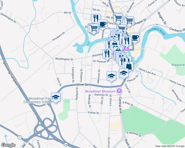 map of restaurants, bars, coffee shops, grocery stores, and more near 31-33 Belknap Street in Dover