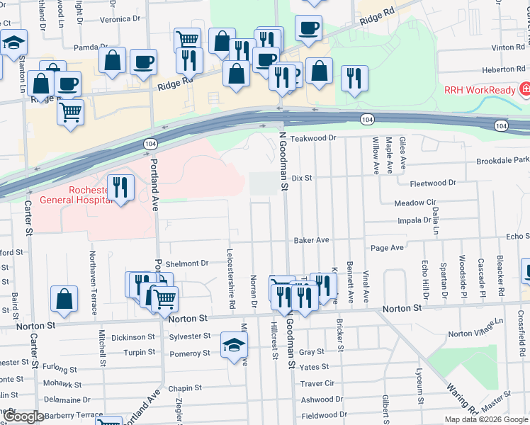 map of restaurants, bars, coffee shops, grocery stores, and more near 490 Norran Drive in Irondequoit