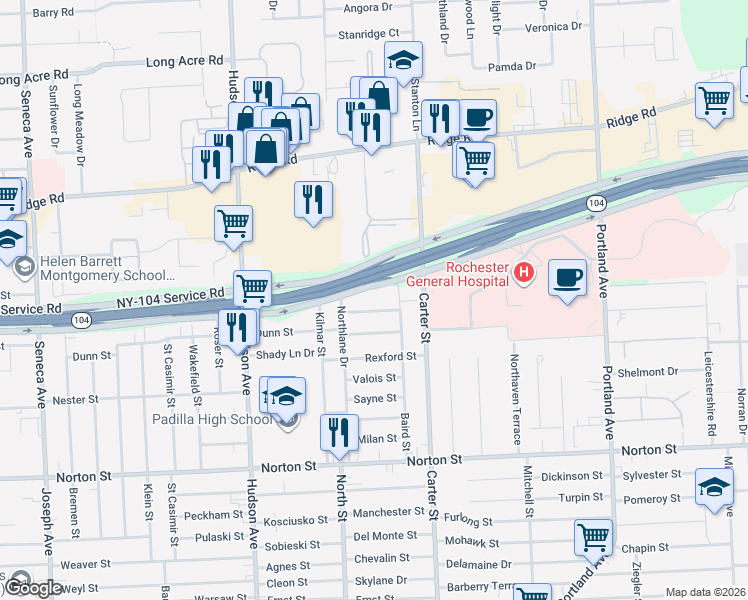 map of restaurants, bars, coffee shops, grocery stores, and more near 5 104 in Rochester
