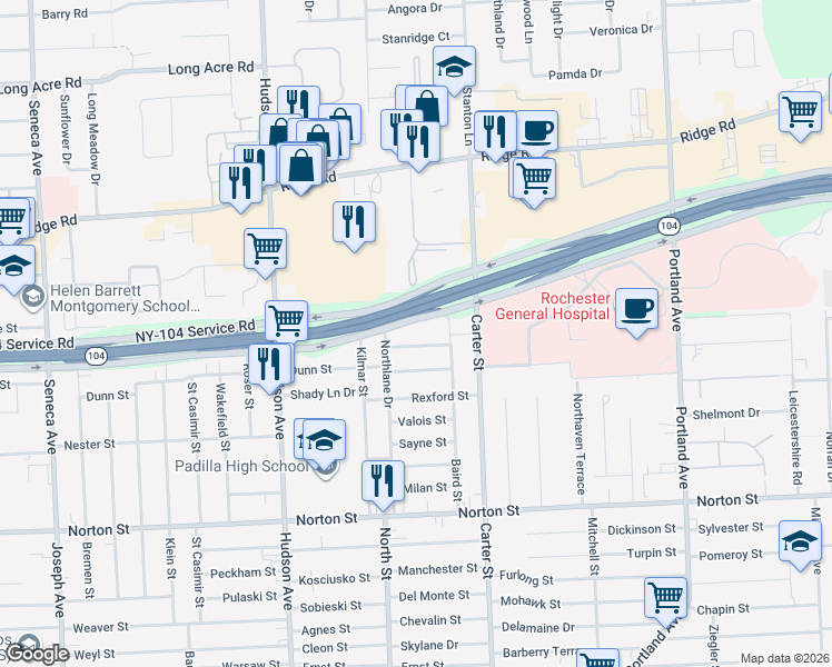 map of restaurants, bars, coffee shops, grocery stores, and more near 5 104 in Rochester