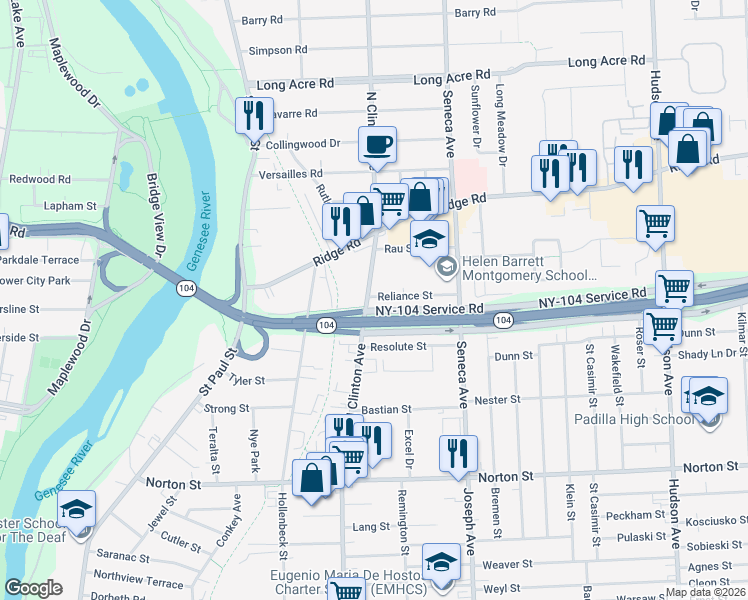 map of restaurants, bars, coffee shops, grocery stores, and more near 1711 North Clinton Avenue in Rochester