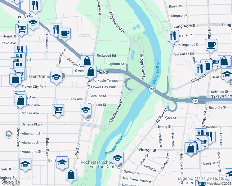 map of restaurants, bars, coffee shops, grocery stores, and more near 11 Flower City Park in Rochester