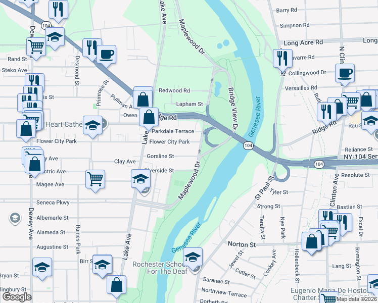 map of restaurants, bars, coffee shops, grocery stores, and more near 11 Flower City Park in Rochester