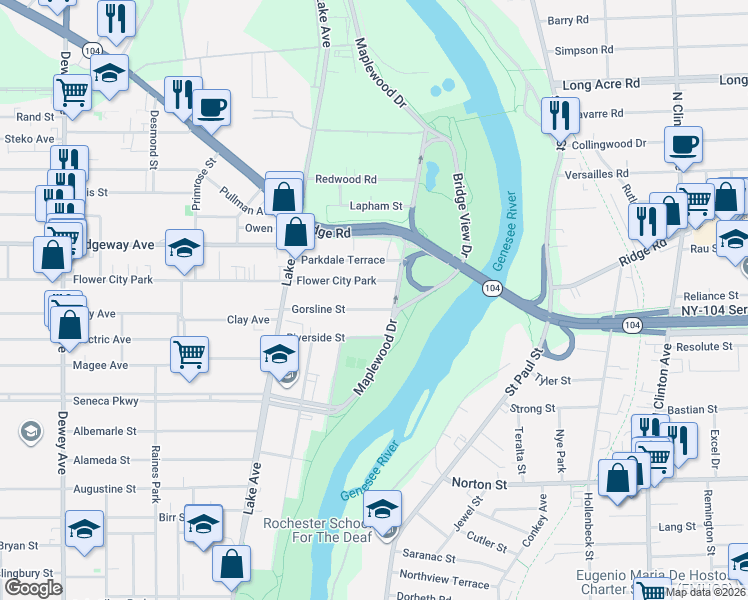 map of restaurants, bars, coffee shops, grocery stores, and more near 11 Flower City Park in Rochester
