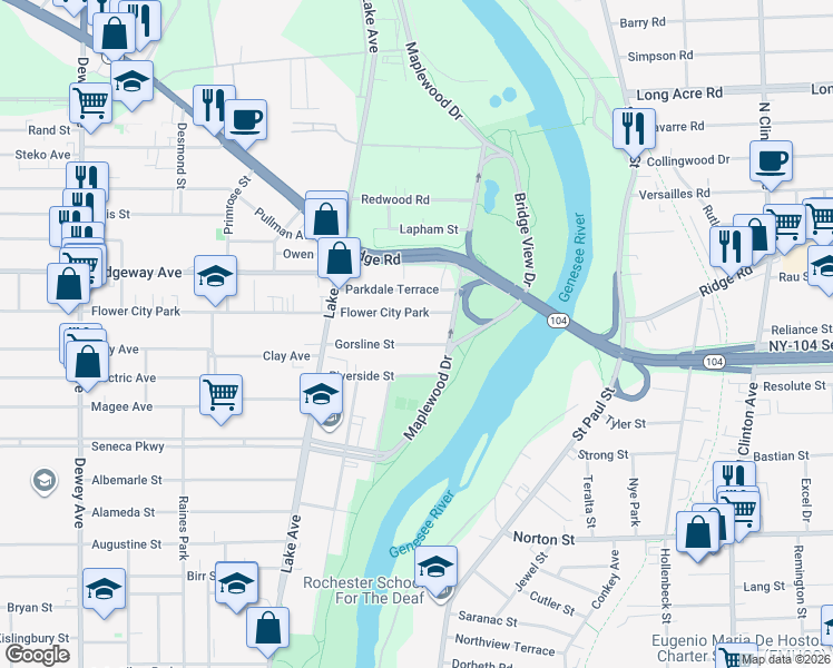 map of restaurants, bars, coffee shops, grocery stores, and more near 73 Flower City Park in Rochester