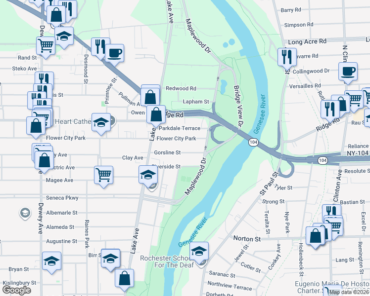 map of restaurants, bars, coffee shops, grocery stores, and more near 73 Flower City Park in Rochester