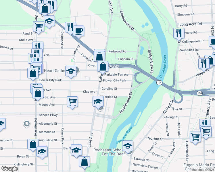 map of restaurants, bars, coffee shops, grocery stores, and more near 125 Flower City Park in Rochester