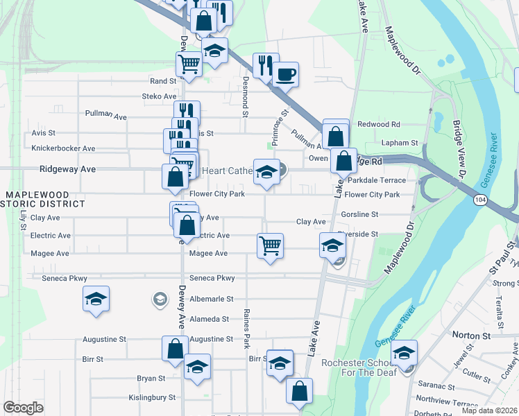 map of restaurants, bars, coffee shops, grocery stores, and more near 341 Flower City Park in Rochester