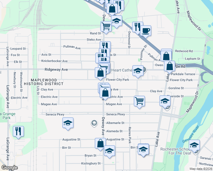map of restaurants, bars, coffee shops, grocery stores, and more near 1400 Dewey Avenue in Rochester