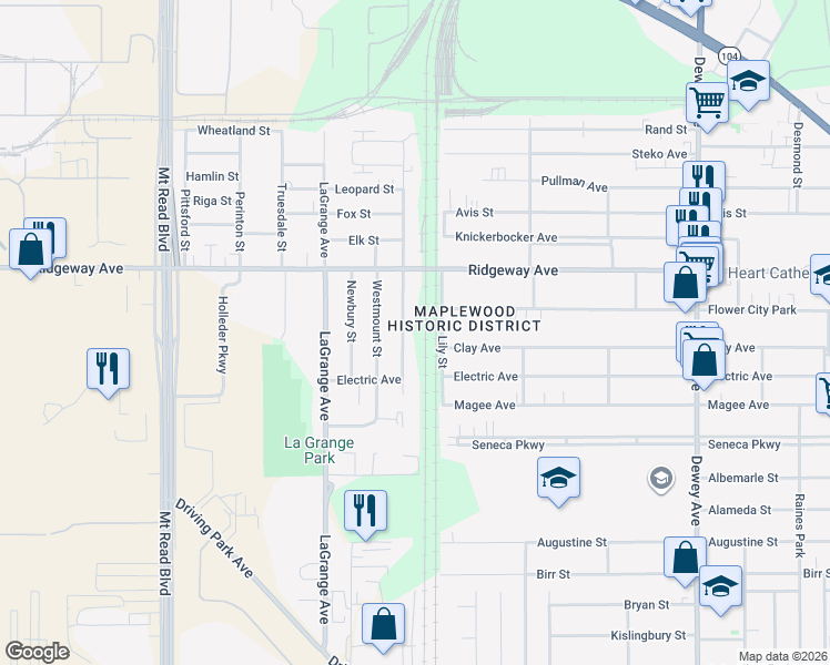 map of restaurants, bars, coffee shops, grocery stores, and more near 541 Ramona Street in Rochester