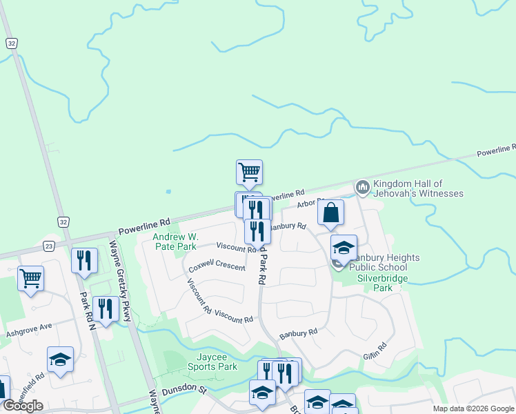 map of restaurants, bars, coffee shops, grocery stores, and more near 1c Brantwood Park Road in Brantford