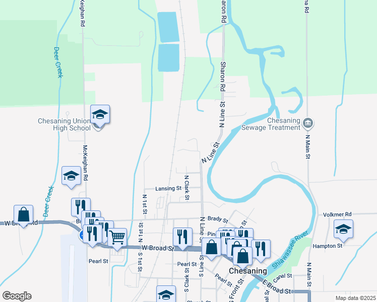 map of restaurants, bars, coffee shops, grocery stores, and more near 156 Meadowwood Lane in Chesaning