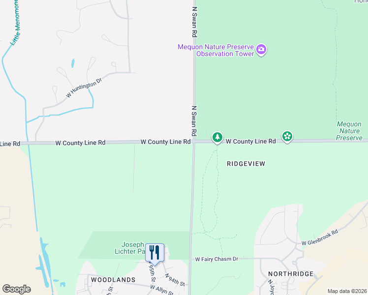 map of restaurants, bars, coffee shops, grocery stores, and more near 9101 West County Line Road in Milwaukee