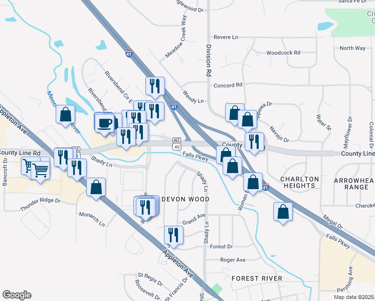 map of restaurants, bars, coffee shops, grocery stores, and more near County Line Road in Germantown