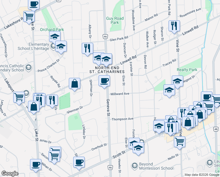 map of restaurants, bars, coffee shops, grocery stores, and more near 476 Geneva Street in St. Catharines
