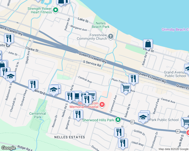 map of restaurants, bars, coffee shops, grocery stores, and more near 51 Sandra Crescent in Grimsby