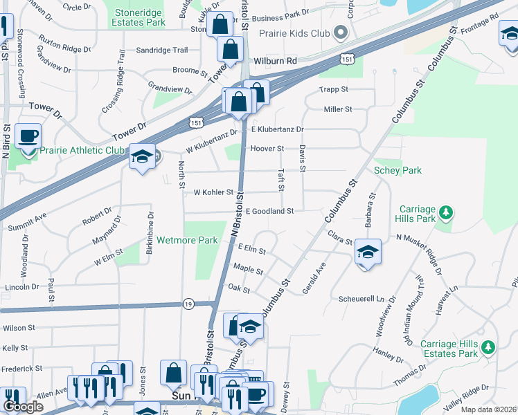 map of restaurants, bars, coffee shops, grocery stores, and more near 143 East Kohler Street in Sun Prairie