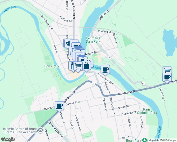 map of restaurants, bars, coffee shops, grocery stores, and more near 2 Grand River Street North in Brant