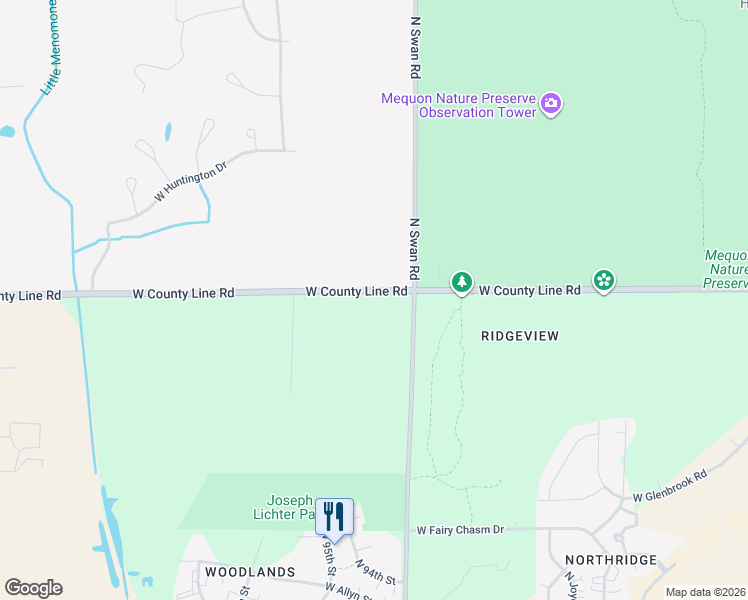 map of restaurants, bars, coffee shops, grocery stores, and more near 9625 North Swan Road in Mequon