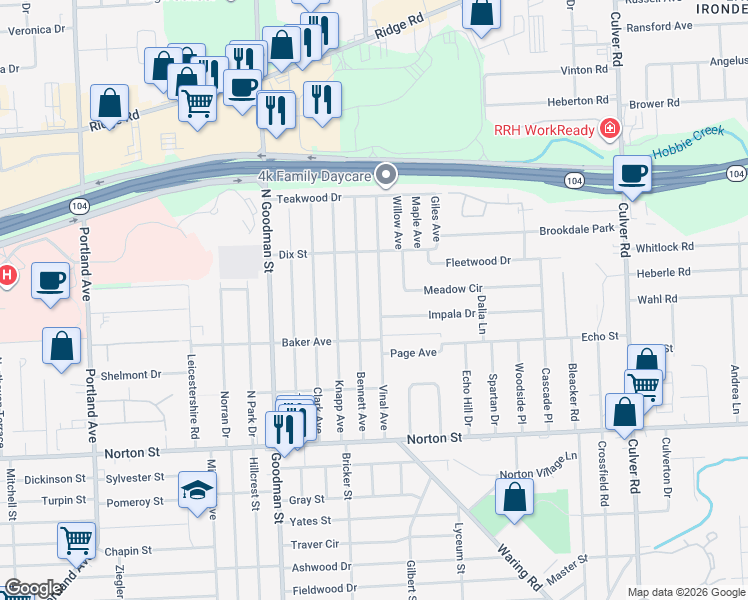 map of restaurants, bars, coffee shops, grocery stores, and more near 224 Bennett Avenue in Rochester