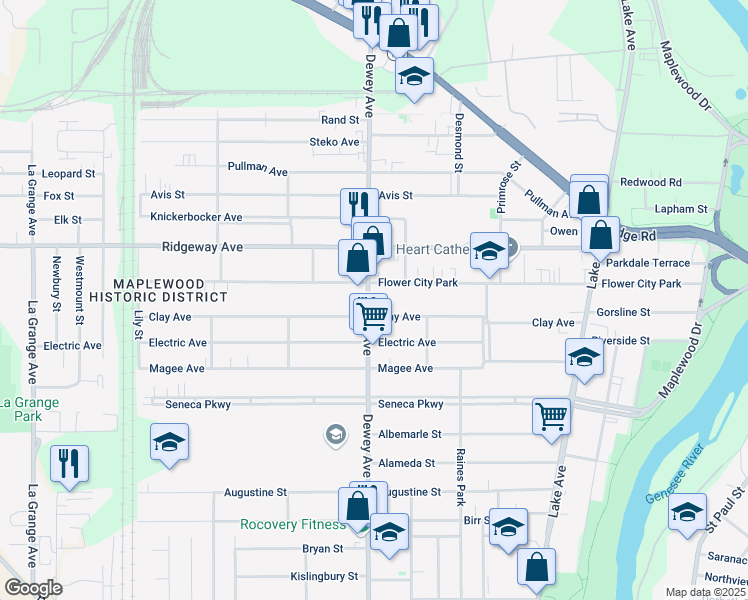 map of restaurants, bars, coffee shops, grocery stores, and more near 1400 Dewey Avenue in Rochester