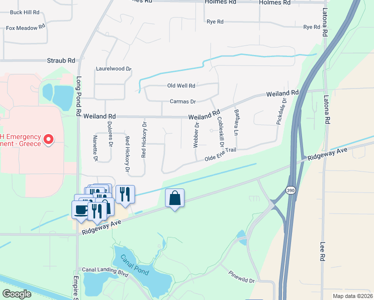 map of restaurants, bars, coffee shops, grocery stores, and more near 58 Webwood Circle in Rochester