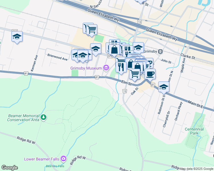 map of restaurants, bars, coffee shops, grocery stores, and more near 106 Gibson Street in Grimsby