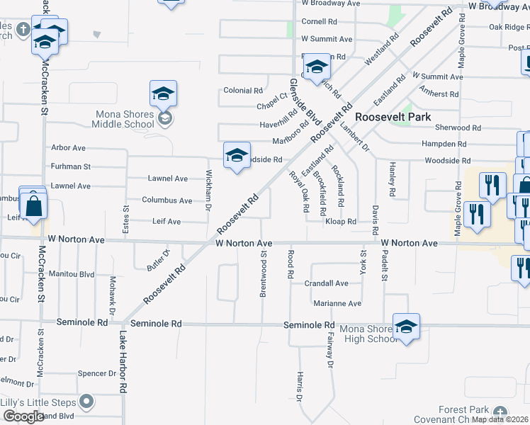 map of restaurants, bars, coffee shops, grocery stores, and more near 3298 Roosevelt Road in Muskegon