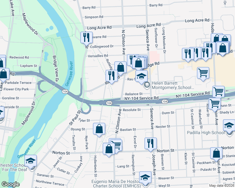 map of restaurants, bars, coffee shops, grocery stores, and more near 1711 North Clinton Avenue in Rochester
