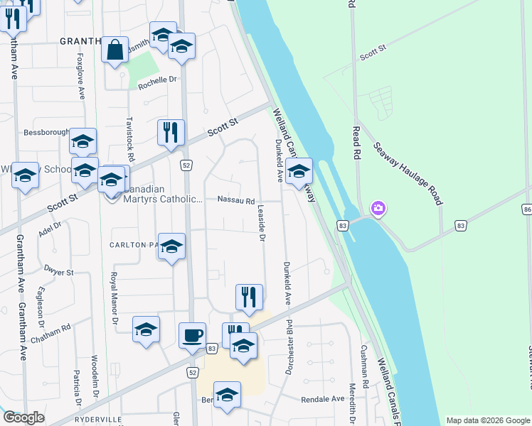 map of restaurants, bars, coffee shops, grocery stores, and more near 78 Leaside Drive in St. Catharines