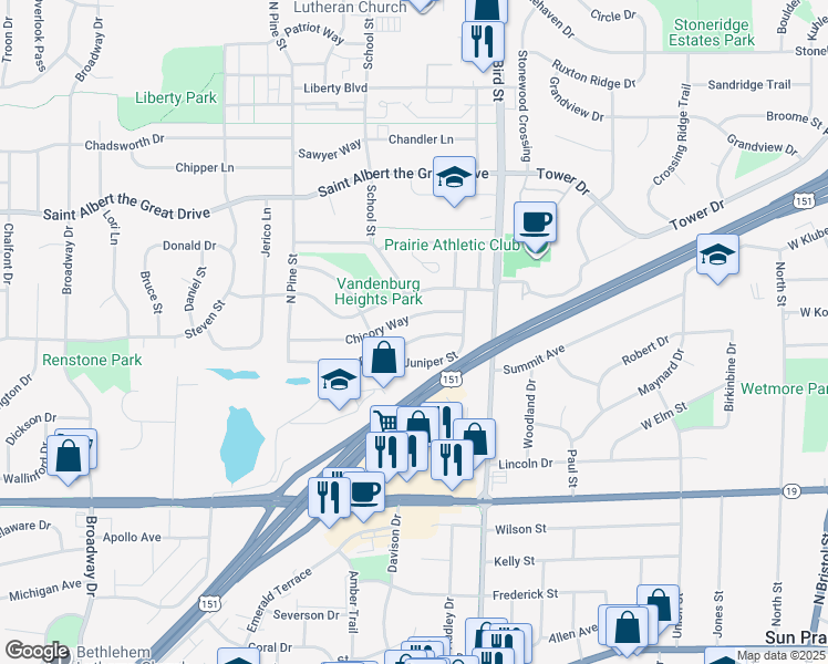 map of restaurants, bars, coffee shops, grocery stores, and more near 1009 Chicory Way in Sun Prairie
