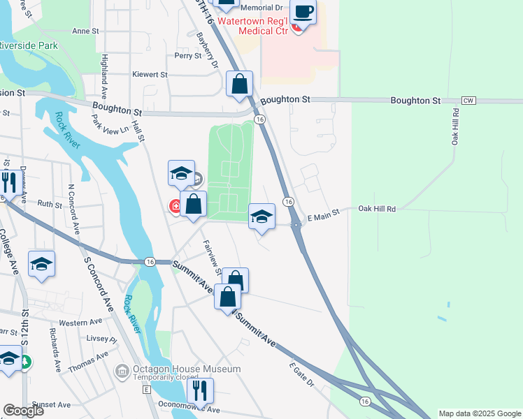 map of restaurants, bars, coffee shops, grocery stores, and more near 13 Oakridge Court in Watertown