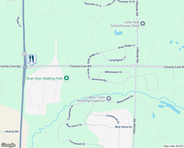 map of restaurants, bars, coffee shops, grocery stores, and more near W254N9566 River Lane in Colgate
