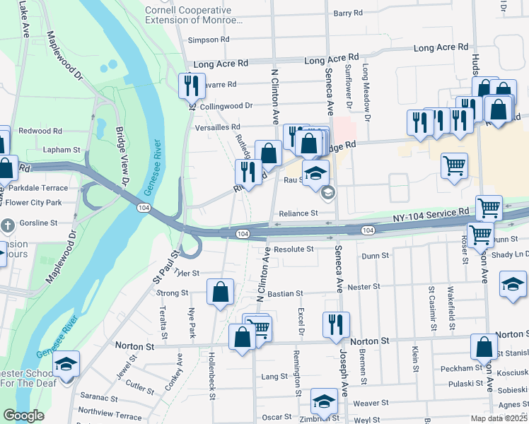 map of restaurants, bars, coffee shops, grocery stores, and more near 1711 North Clinton Avenue in Rochester