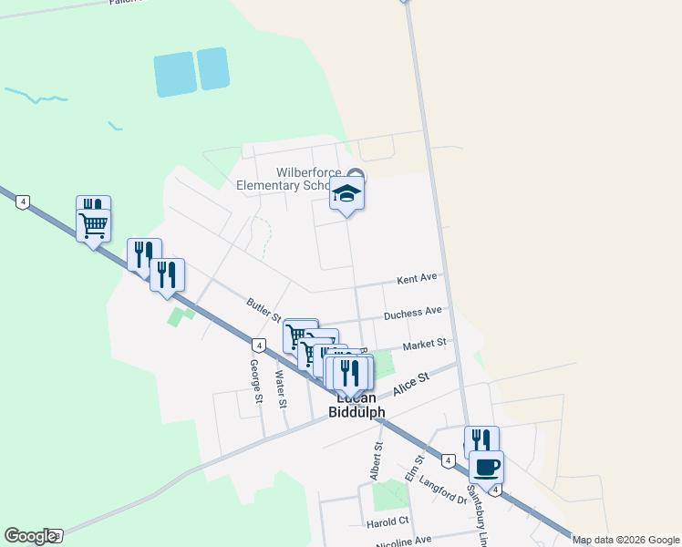 map of restaurants, bars, coffee shops, grocery stores, and more near 193 Gibson Crescent in Lucan