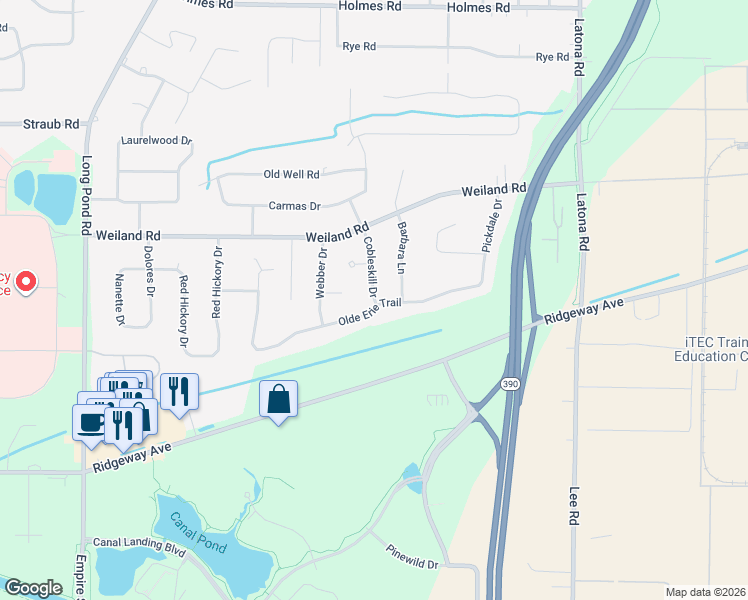 map of restaurants, bars, coffee shops, grocery stores, and more near 111 Cobleskill Dr in Rochester