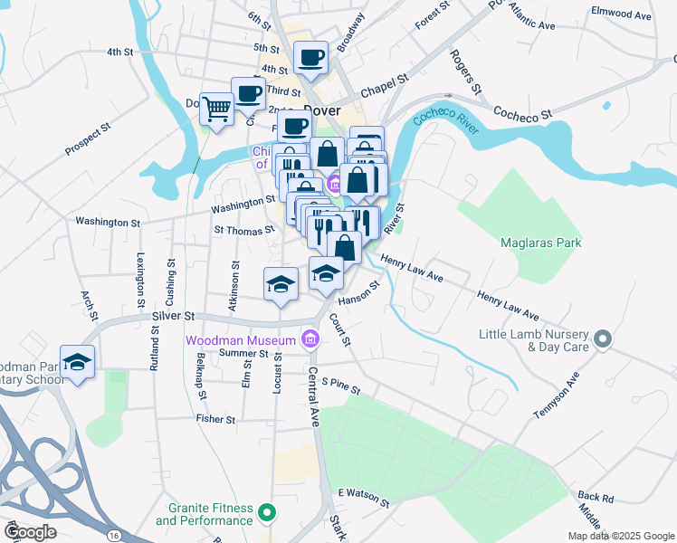 map of restaurants, bars, coffee shops, grocery stores, and more near 245 Central Avenue in Dover