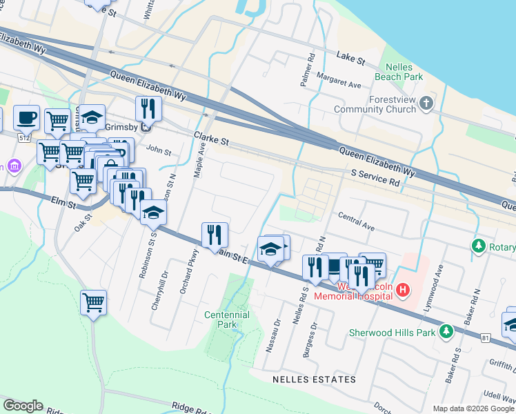 map of restaurants, bars, coffee shops, grocery stores, and more near Debora Drive in Grimsby