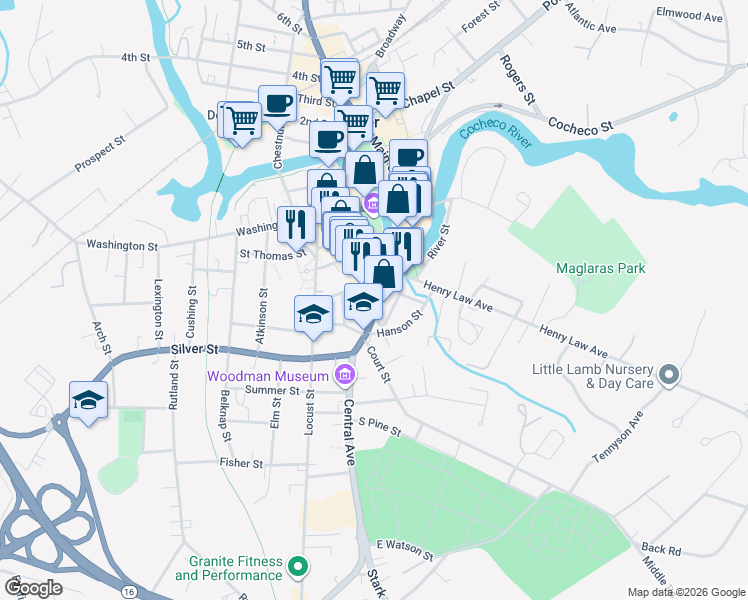map of restaurants, bars, coffee shops, grocery stores, and more near 250 Central Avenue in Dover