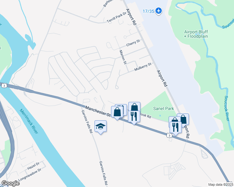 map of restaurants, bars, coffee shops, grocery stores, and more near 65 Mulberry Street in Concord