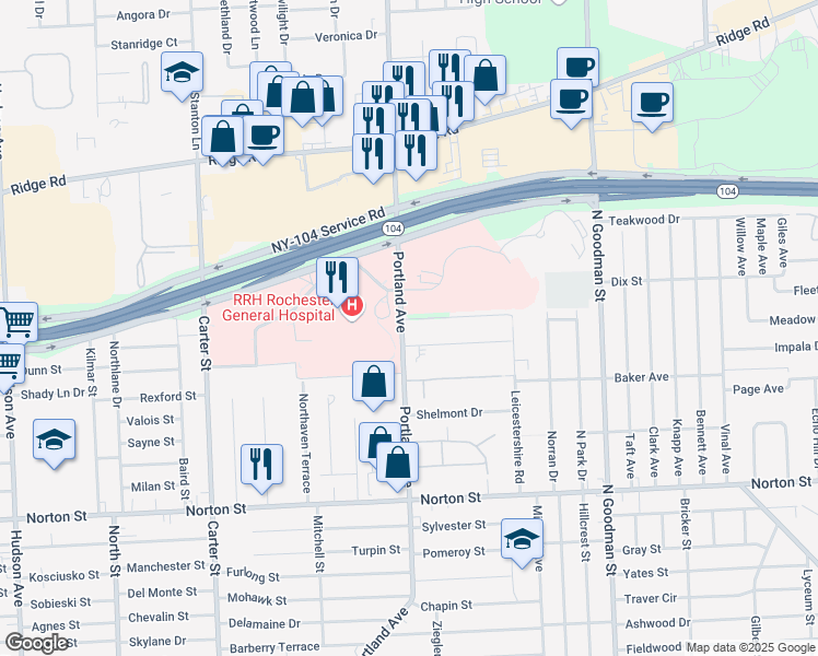 map of restaurants, bars, coffee shops, grocery stores, and more near 1 Onondaga Road in Rochester