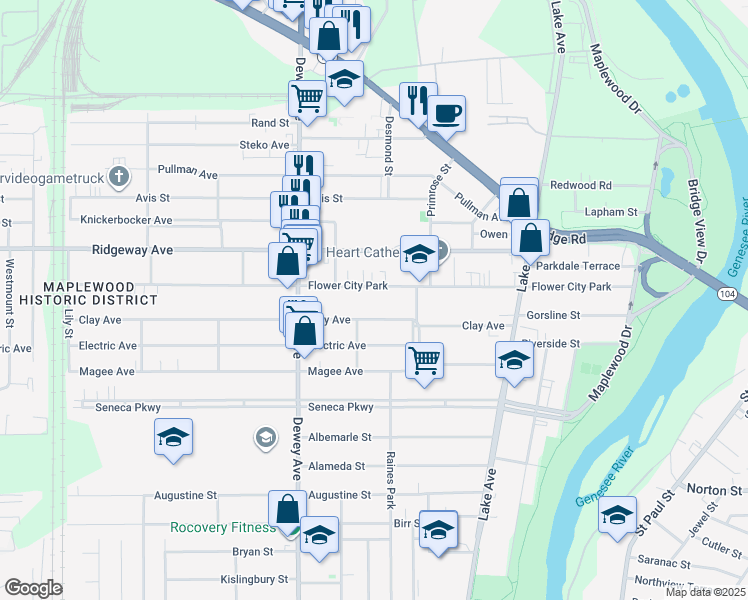 map of restaurants, bars, coffee shops, grocery stores, and more near 391 Flower City Park in Rochester