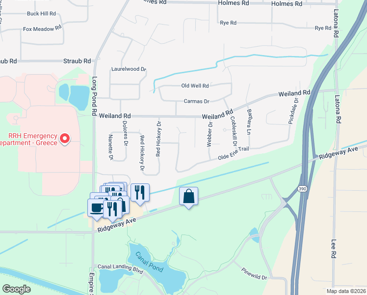 map of restaurants, bars, coffee shops, grocery stores, and more near 86 Weiland Woods Lane in Rochester