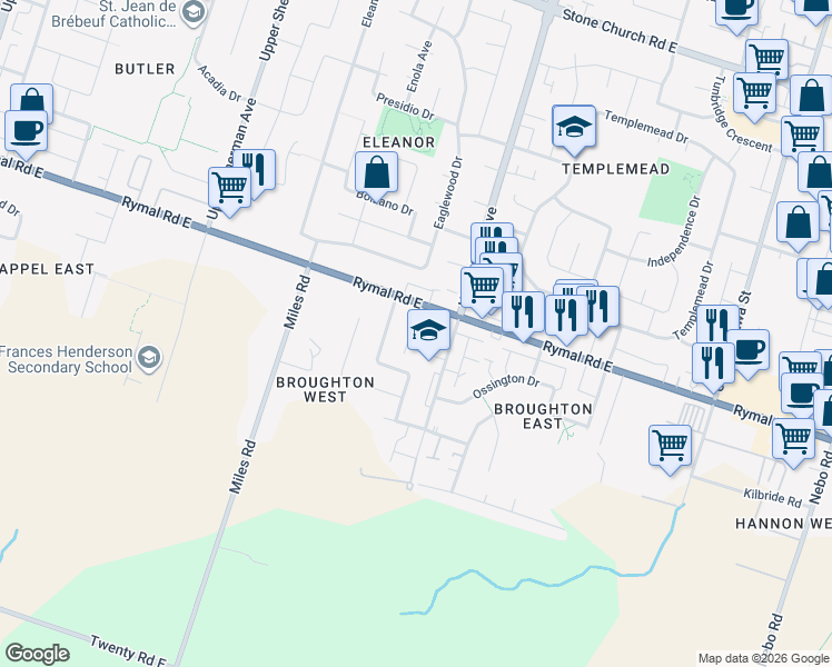 map of restaurants, bars, coffee shops, grocery stores, and more near 59-860 Rymal Road East in Hamilton