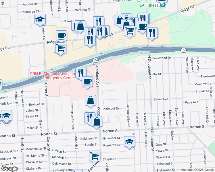 map of restaurants, bars, coffee shops, grocery stores, and more near 49 Onondaga Road in Rochester