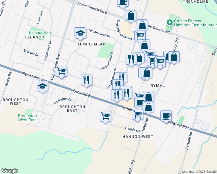 map of restaurants, bars, coffee shops, grocery stores, and more near 509 Templemead Drive in Hamilton