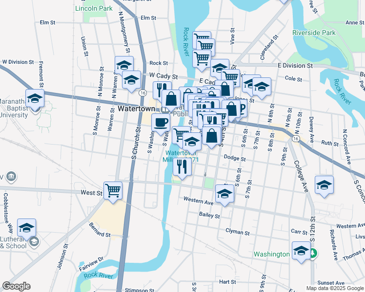 map of restaurants, bars, coffee shops, grocery stores, and more near 220 S 1st St in Watertown