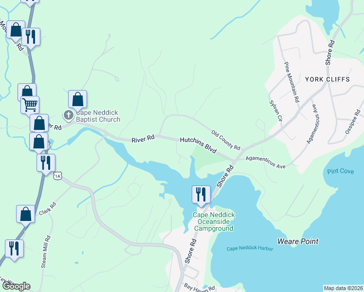 map of restaurants, bars, coffee shops, grocery stores, and more near 155 River Road in York